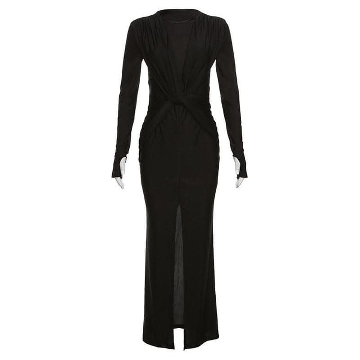 Knotted slit solid long sleeve ruched maxi dress-final-sale  | Festival Outfits Women