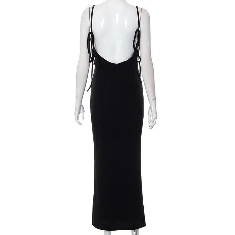 Backless self tie ribbed square neck solid cami maxi dress-final-sale  | Festival Outfits Women