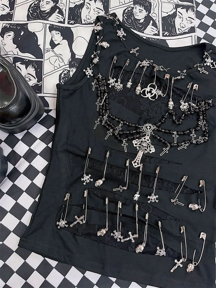 Sleeveless round neck beaded cross lace top-final-sale