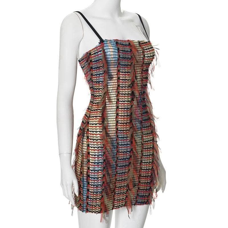 Mesh ruffle stitch contrast textured cami mini dress-final-sale  | Festival Outfits Women