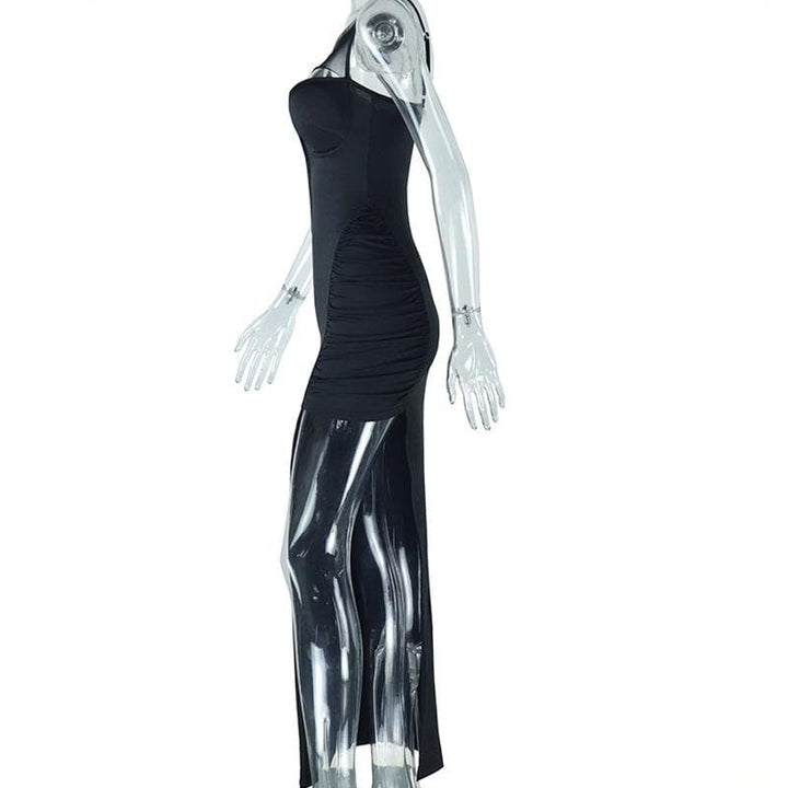 Irregular high slit ruched mesh hollow out cami cut out maxi dress  | Festival Outfits Women