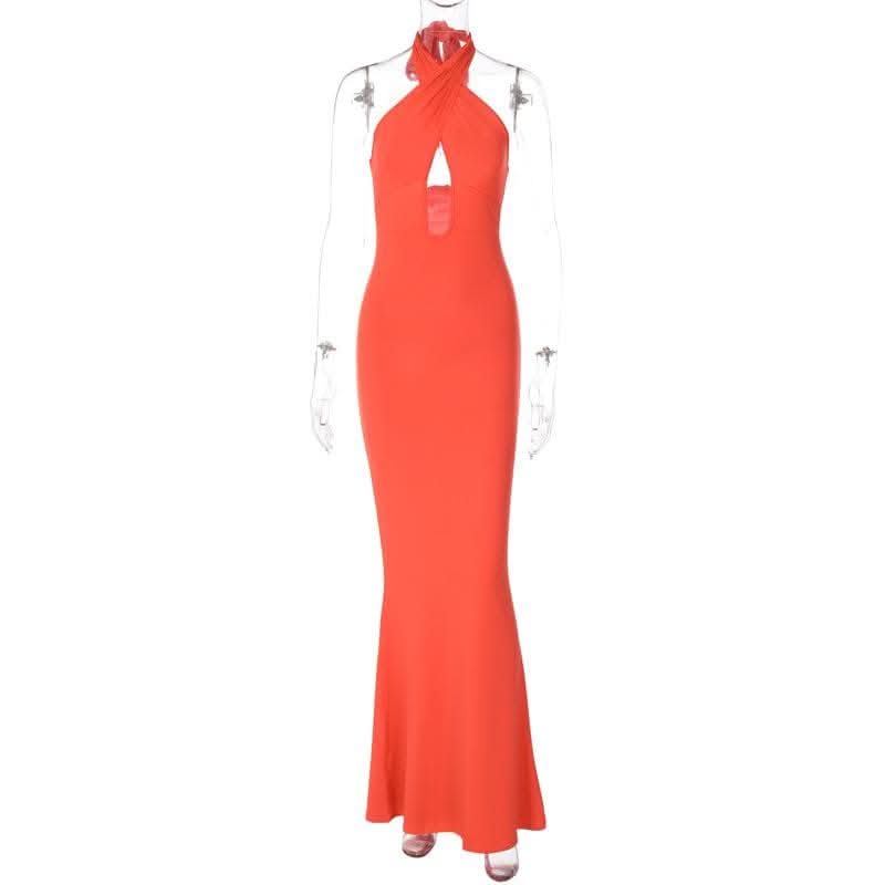 Cross front solid hollow out halter backless 2-way cut out maxi dress-final-sale  | Festival Outfits Women
