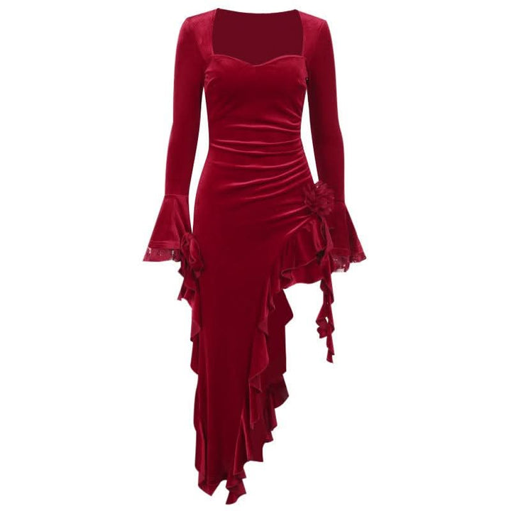 Long flared sleeve velvet ruffle slit midi dress  | Festival Outfits Women