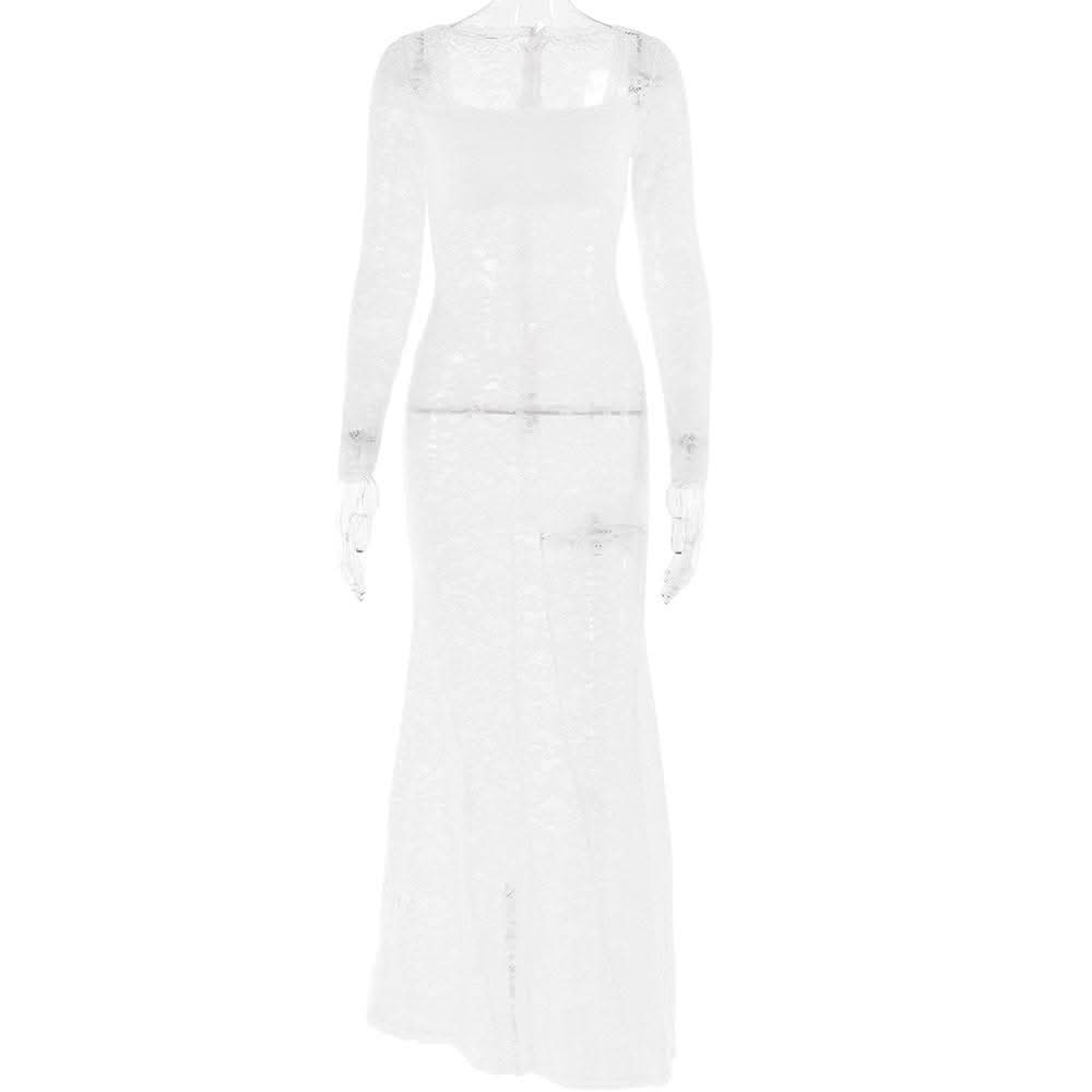 Lace see through square neck long sleeve zip-up solid maxi dress-final-sale  | Festival Outfits Women