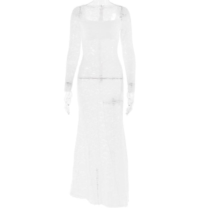 Lace see through square neck long sleeve zip-up solid maxi dress-final-sale  | Festival Outfits Women