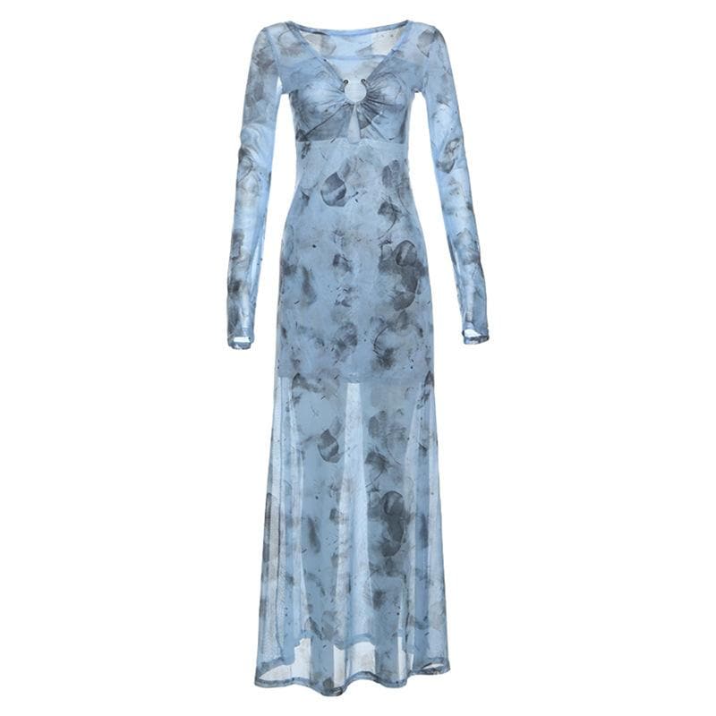 Long sleeve sheer mesh v neck print maxi dress  | Festival Outfits Women