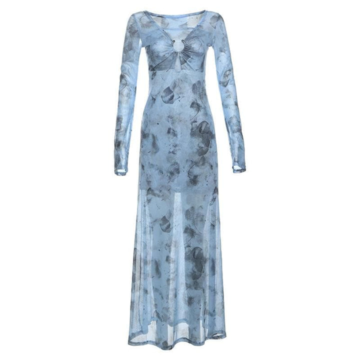 Long sleeve sheer mesh v neck print maxi dress  | Festival Outfits Women