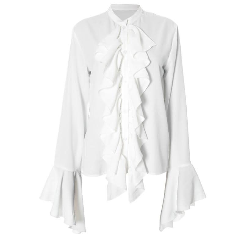 Long flared sleeve ruched ruffle button solid top-final-sale  | Festival Outfits Women