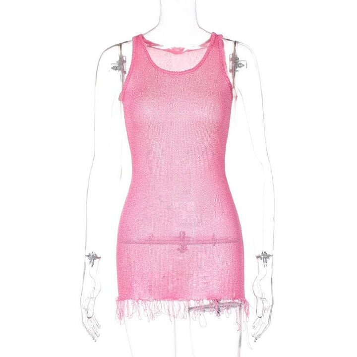 Sleeveless u neck tassels knitted mini dress  | Festival Outfits Women