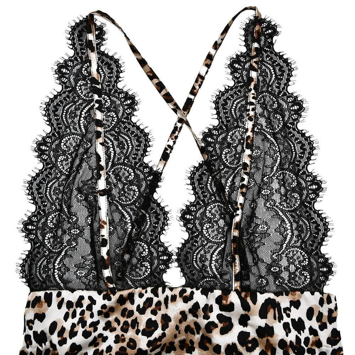 V neck leopard print lace see through cami mini dress  | Festival Outfits Women  | Leopard Print Mini Dress