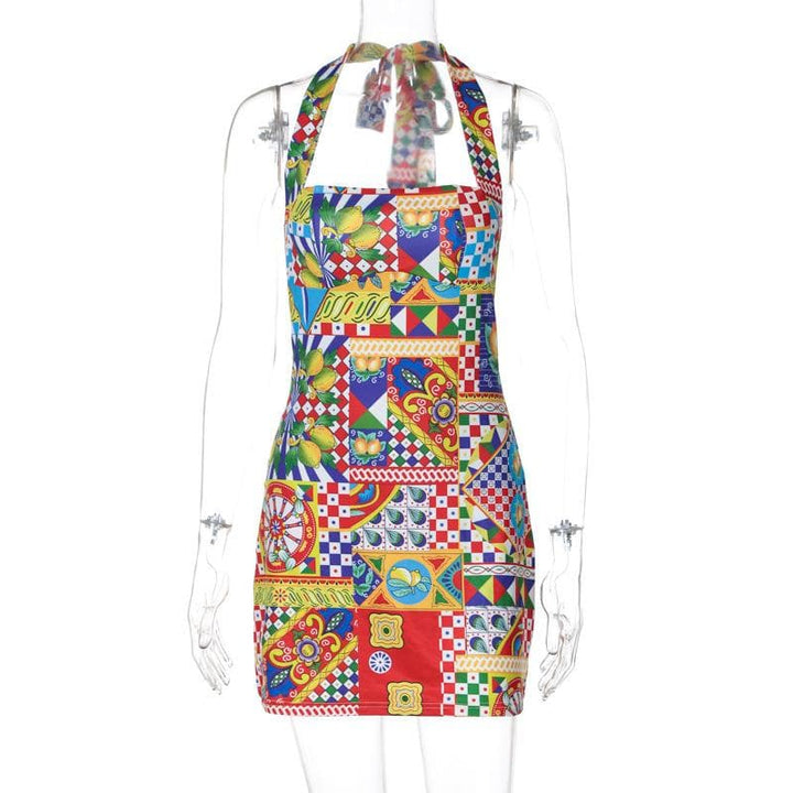 Halter print contrast knotted mini dress  | Festival Outfits Women