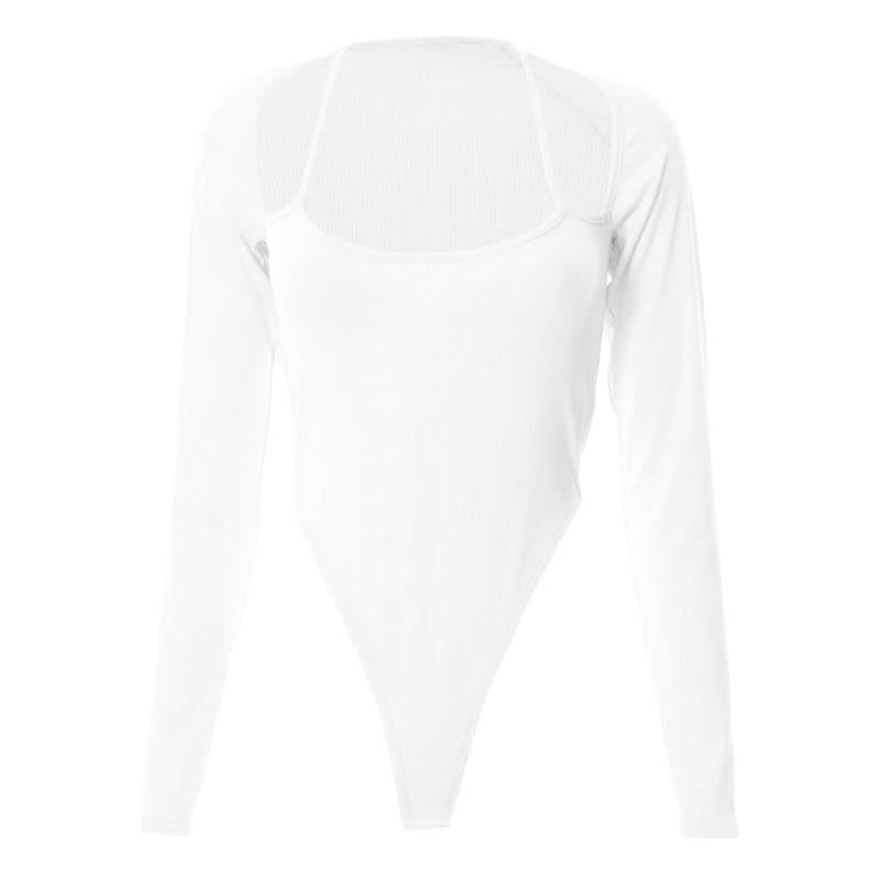 Halter solid ribbed long sleeve low cut bodysuit-final-sale  | Festival Outfits Women