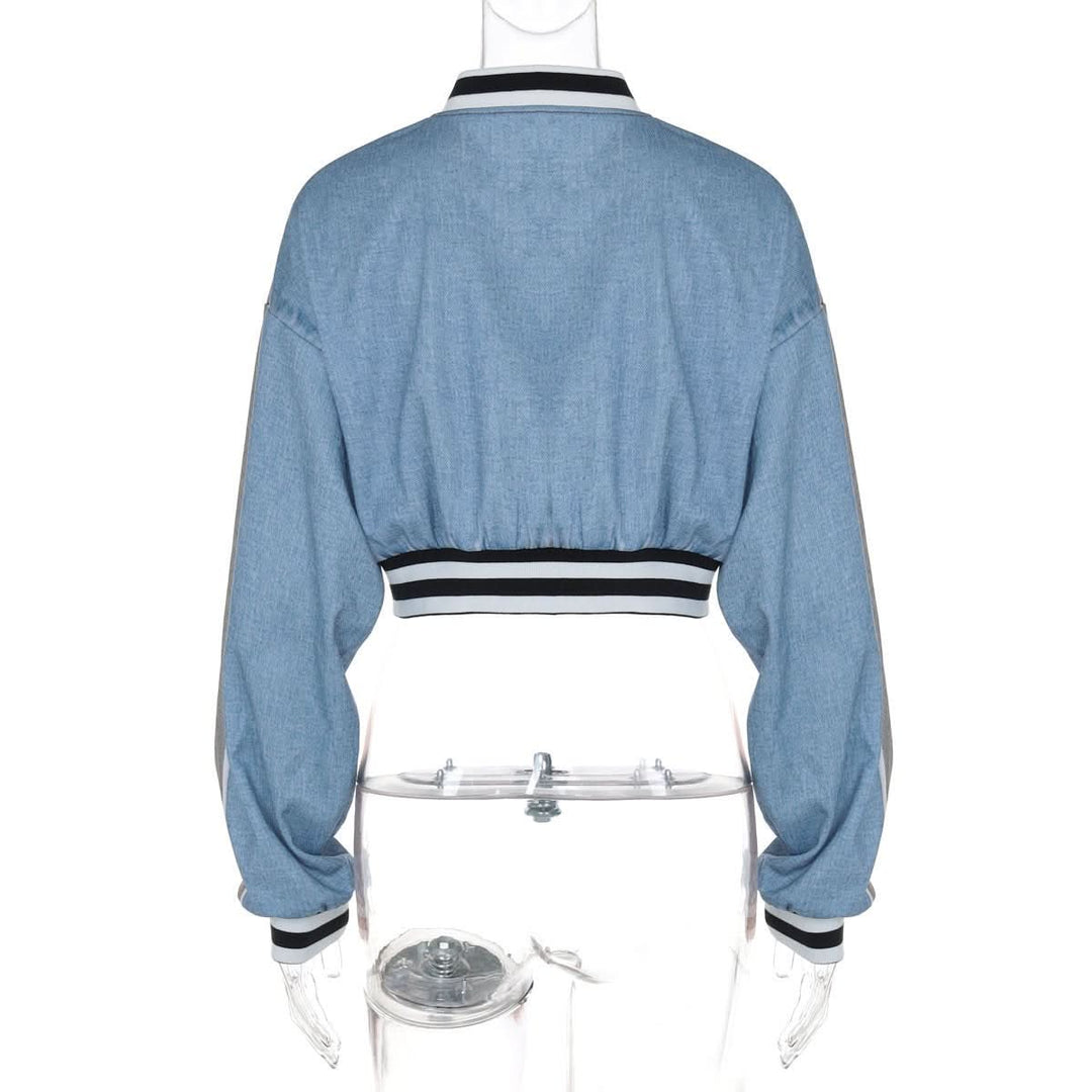 Long sleeve denim letter print patchwork button top  | Festival Outfits Women