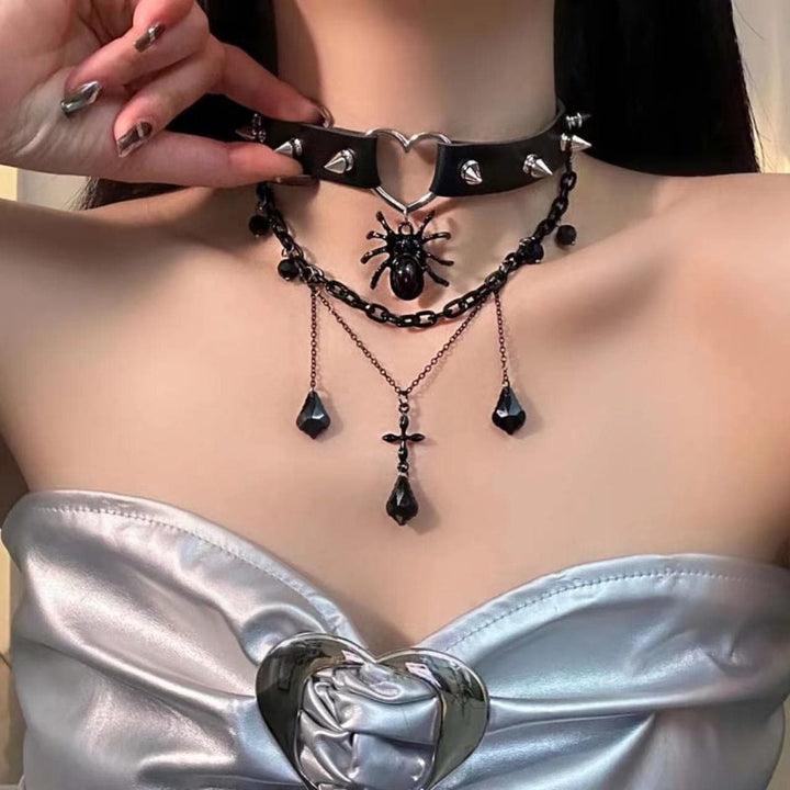 Spider rivet heart pendant PU leather layered choker necklace  | Festival Outfits Women
