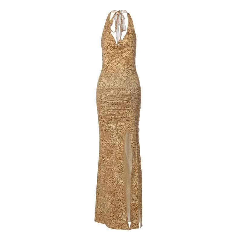 Halter cowl neck print high slit ruched maxi dress-final-sale  | Festival Outfits Women