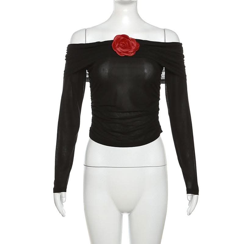 See through flower applique off shoulder ruched long sleeve top-final-sale  | Festival Outfits Women