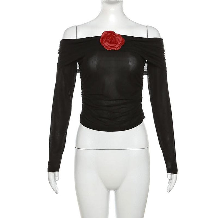 See through flower applique off shoulder ruched long sleeve top-final-sale  | Festival Outfits Women