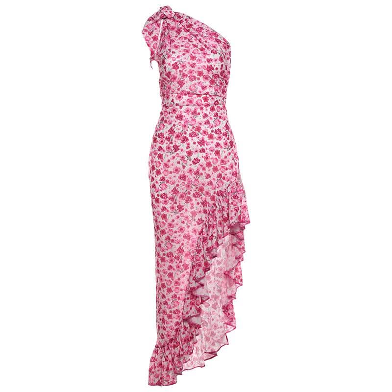 One shoulder knotted slit flower print ruffle maxi dress  | Festival Outfits Women