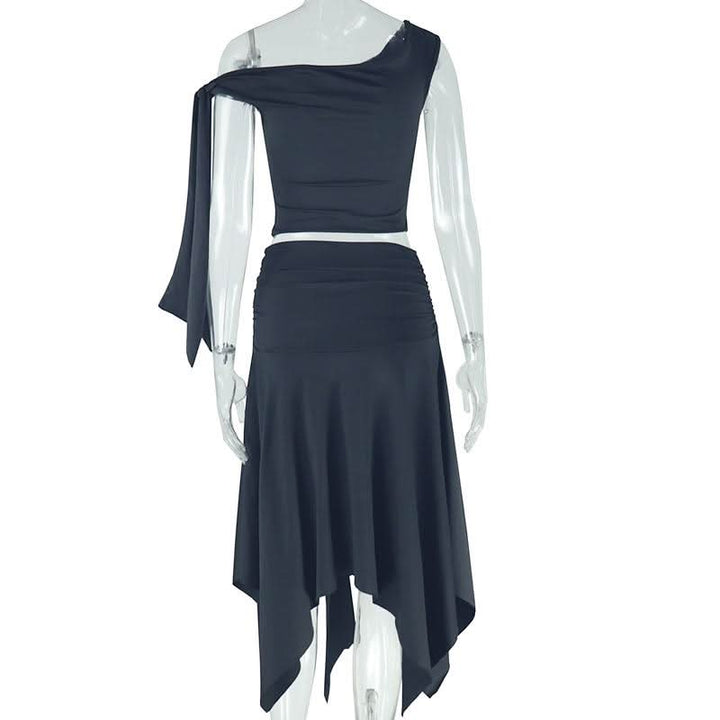 One shoulder knitted ruched slit midi skirt set  | Festival Outfits Women