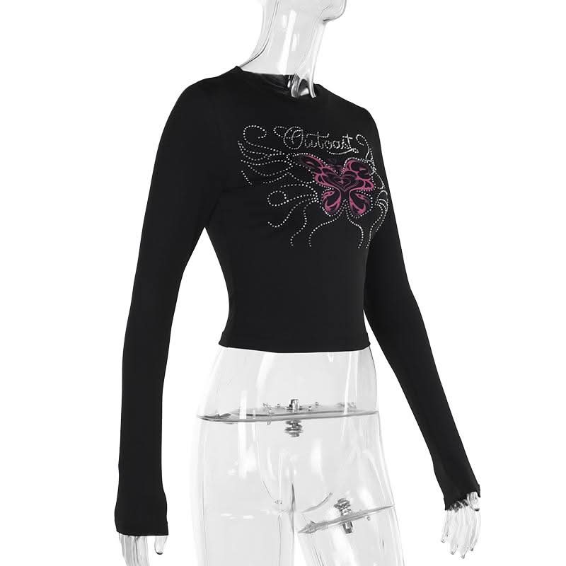 Long sleeve beaded butterfly pattern crewneck top  | Festival Outfits Women