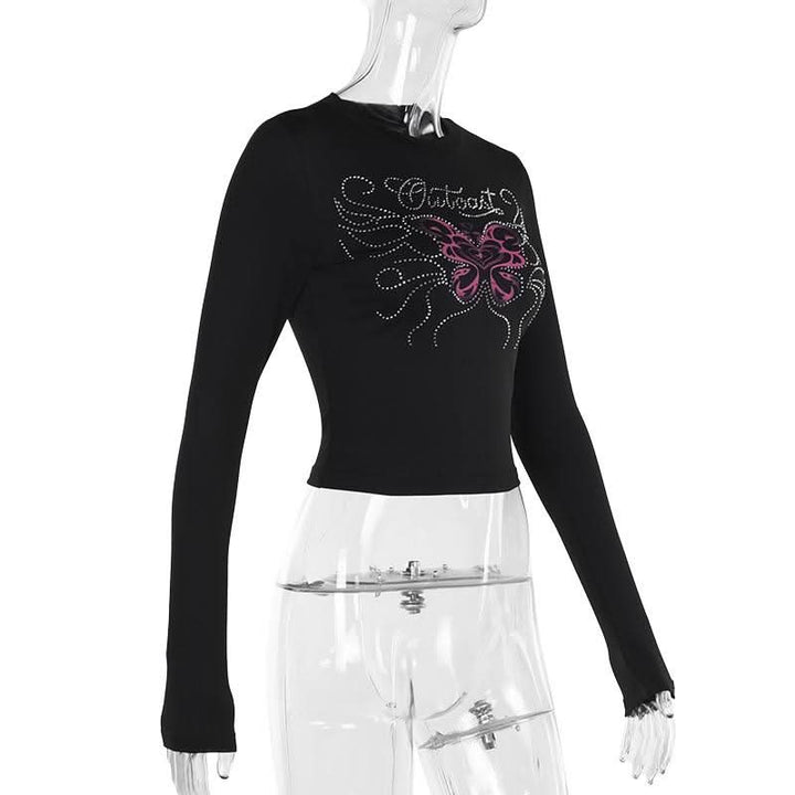 Long sleeve beaded butterfly pattern crewneck top  | Festival Outfits Women