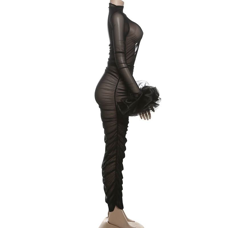 Long sleeve mesh see through ruched maxi dress-final-sale  | Festival Outfits Women