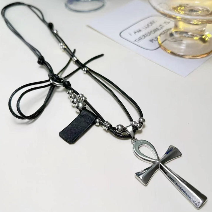 Cross beaded PU leather knotted necklace  | Festival Outfits Women