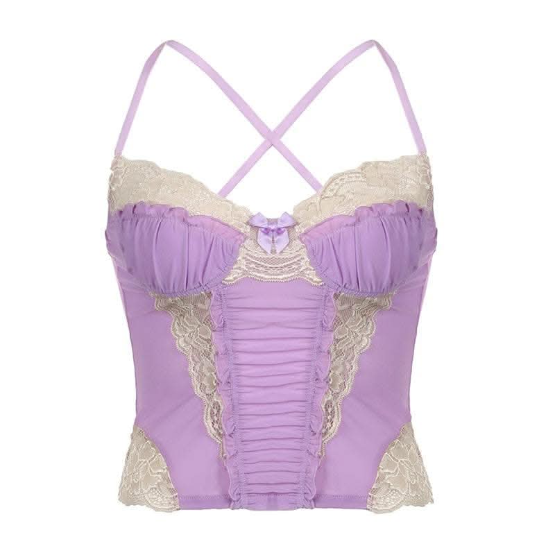 Lace hem contrast ruffle ruched patchwork cross back crop top-final-sale