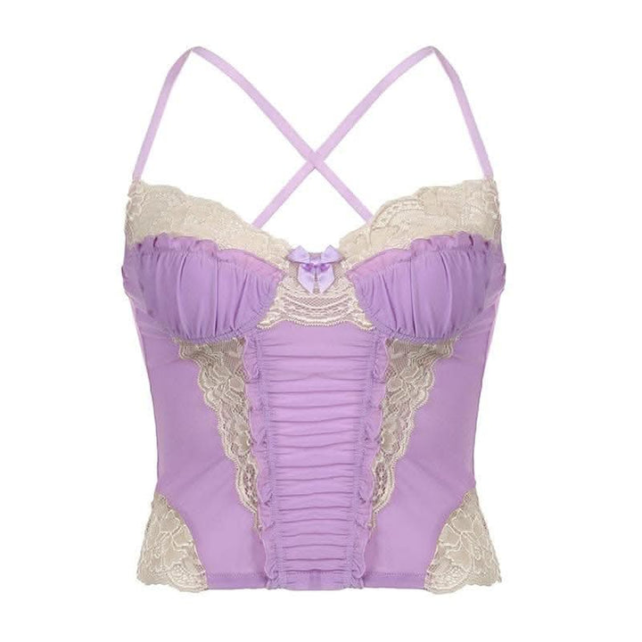 Lace hem contrast ruffle ruched patchwork cross back crop top-final-sale