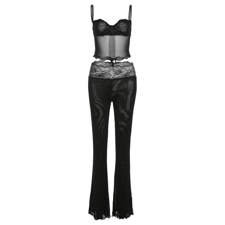 Lace mesh ruffle sweetheart neck cami pant set  | Festival Outfits Women
