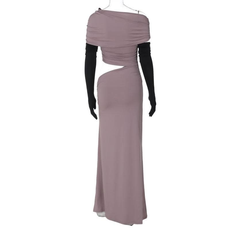 One shoulder gloves ruched hollow out cut out maxi dress-final-sale  | Festival Outfits Women