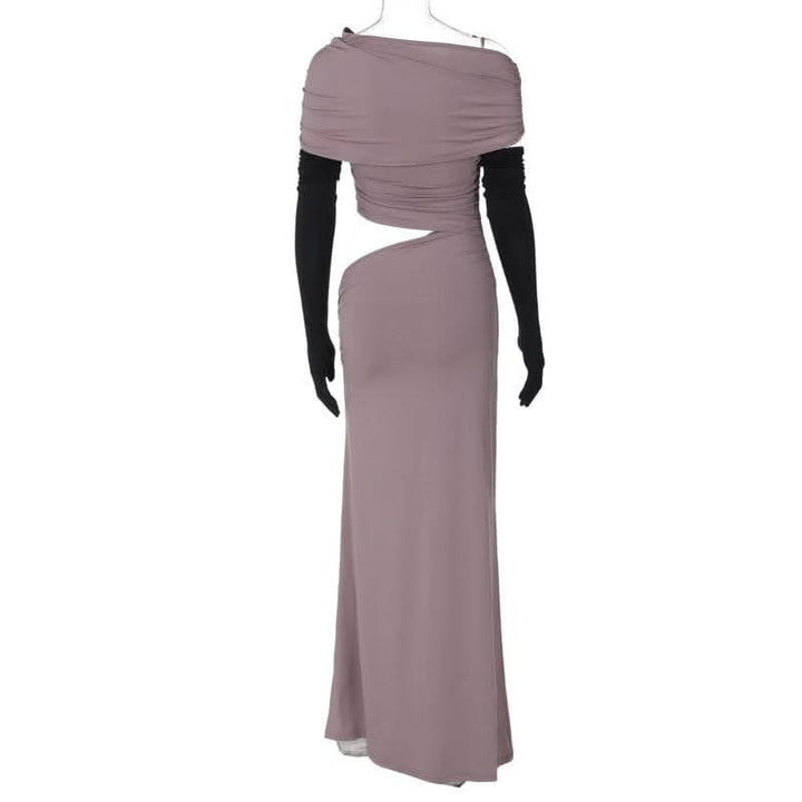 One shoulder gloves ruched hollow out cut out maxi dress-final-sale  | Festival Outfits Women