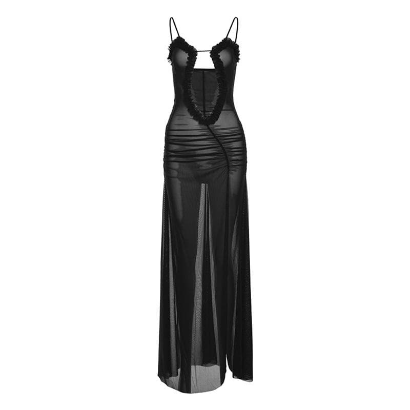 Sheer mesh hollow out ruched high slit cami cut out maxi dress  | Festival Outfits Women