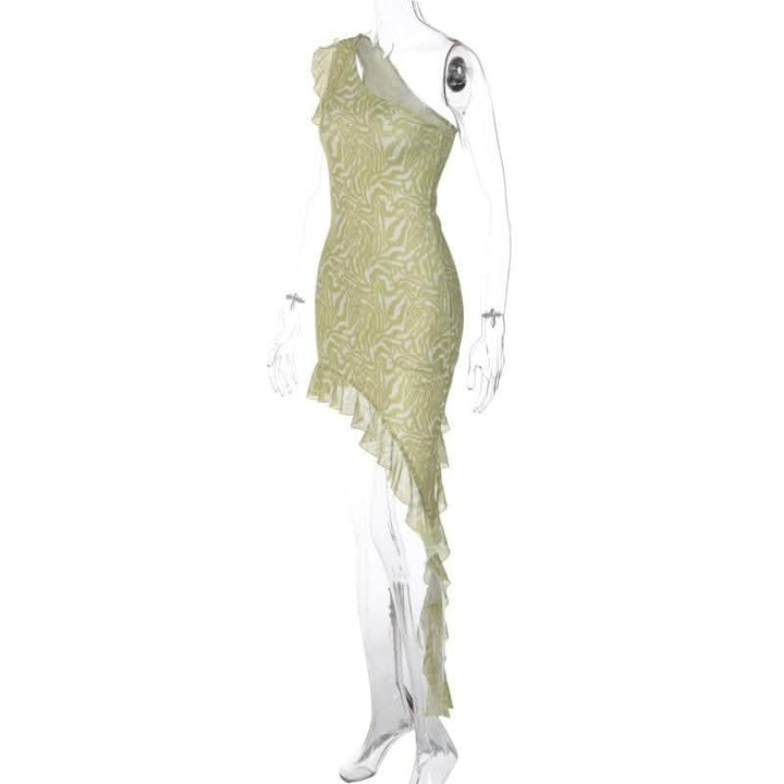 Mesh ripple contrast one shoulder irregular ruffle midi dress-final-sale  | Festival Outfits Women