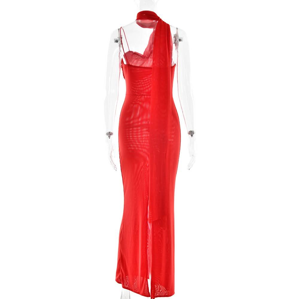 Halter mesh slit backless maxi dress  | Festival Outfits Women