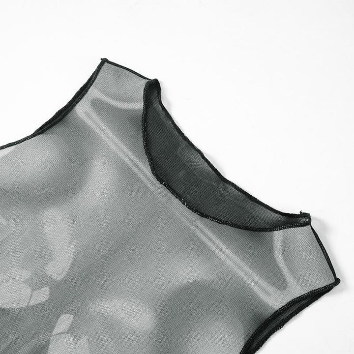 Sleeveless crewneck body print sheer mesh maxi dress  | Festival Outfits Women