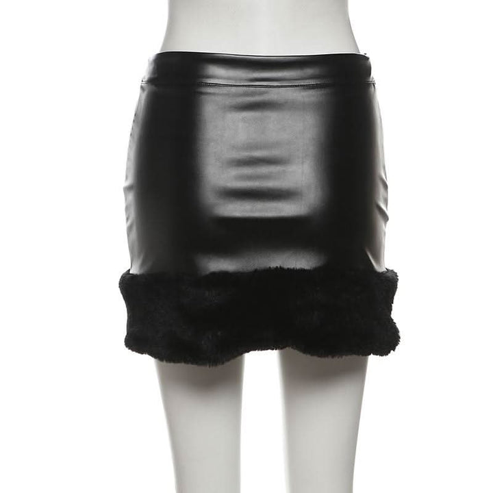 PU leather fluffy patchwork zip-up mini skirt Cargo Mini Skirt  | Festival Outfits Women