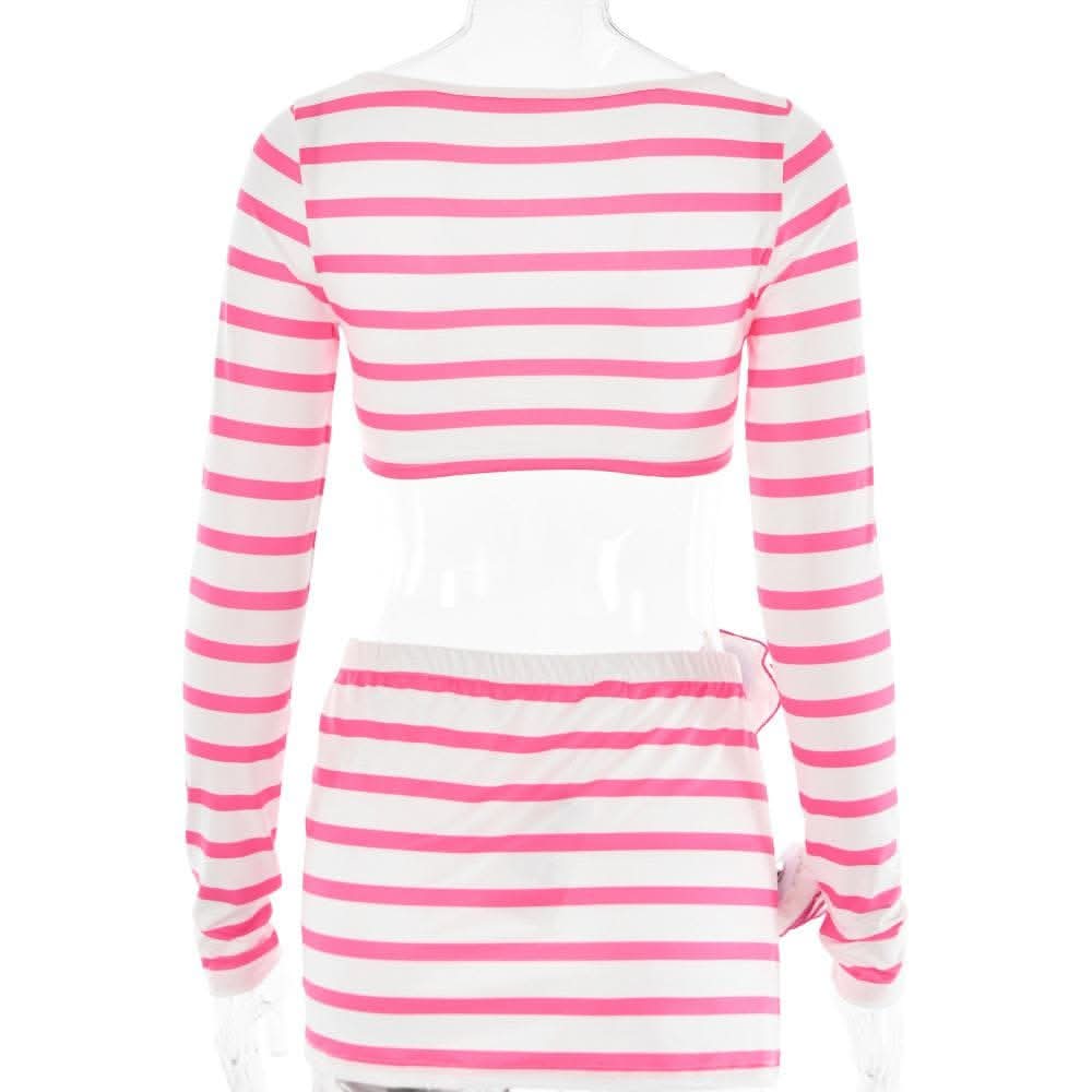 Striped flower applique long sleeve contrast slit mini skirt set-final-sale  | Festival Outfits Women