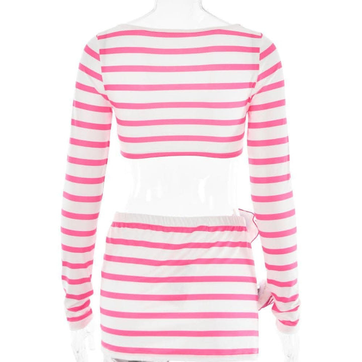 Striped flower applique long sleeve contrast slit mini skirt set-final-sale  | Festival Outfits Women