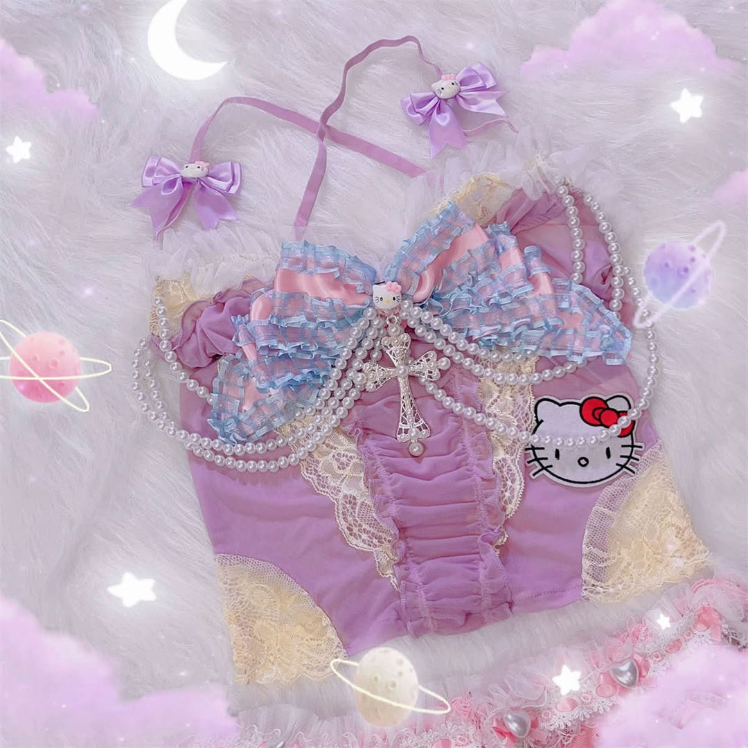 Bowknot beaded "Hello Kitty" pattern mesh cami top  | Festival Outfits Women