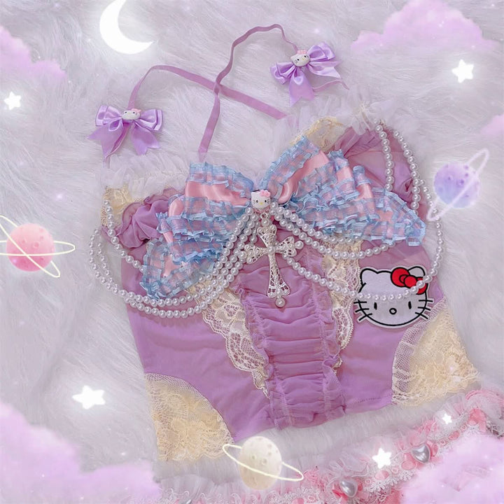 Bowknot beaded "Hello Kitty" pattern mesh cami top  | Festival Outfits Women