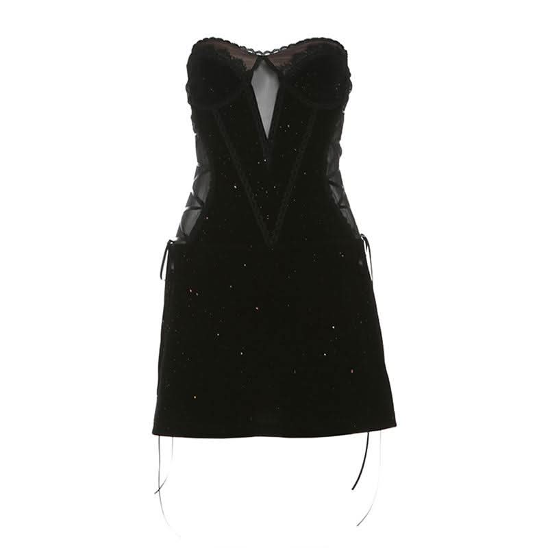 Sweetheart neck velvet lace up mesh beaded mini dress  | Festival Outfits Women