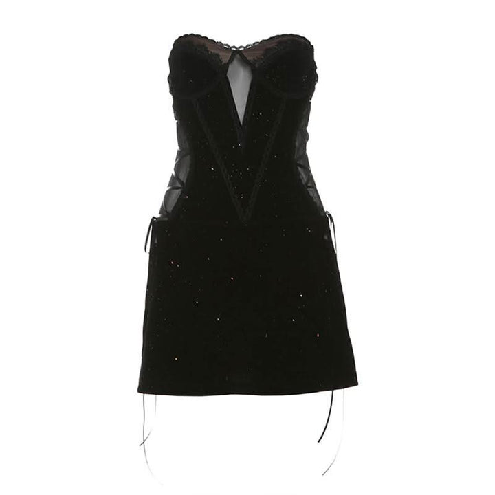 Sweetheart neck velvet lace up mesh beaded mini dress  | Festival Outfits Women