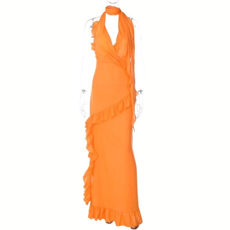 Halter v neck backless ruffle zip-up solid maxi dress-final-sale  | Festival Outfits Women