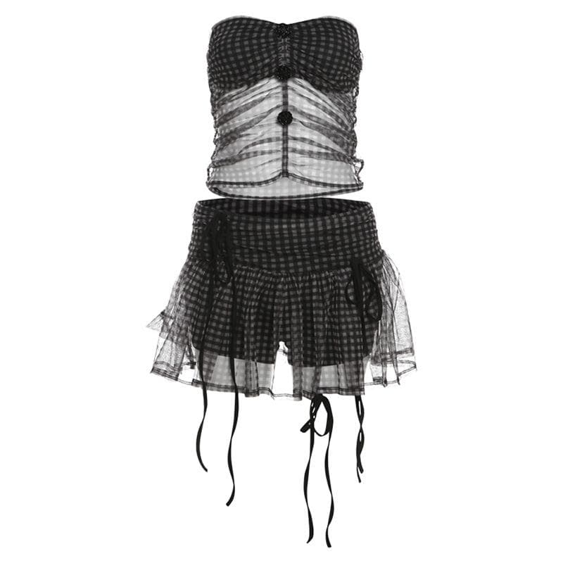 Rose applique plaid mesh ruched tube mini skirt set  | Festival Outfits Women