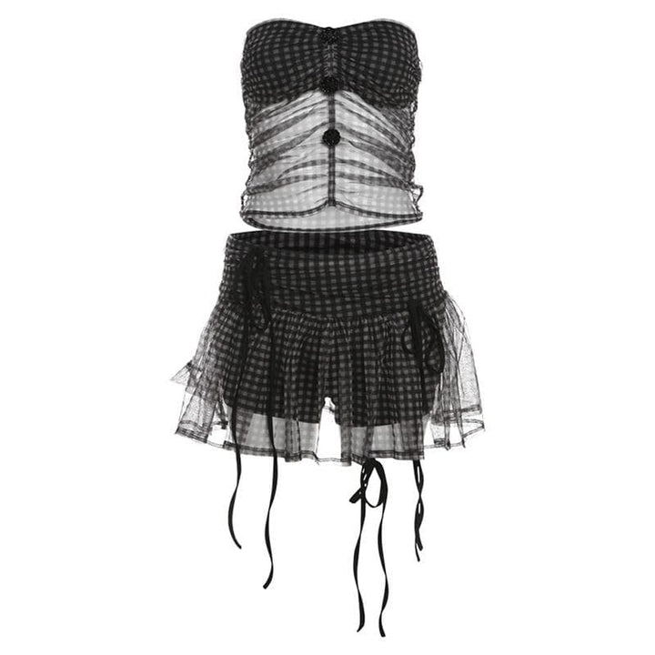 Rose applique plaid mesh ruched tube mini skirt set  | Festival Outfits Women