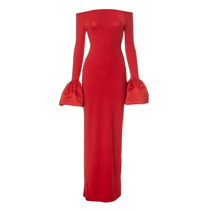 Long flared sleeve off shoulder ruched slit maxi dress-final-sale  | Festival Outfits Women