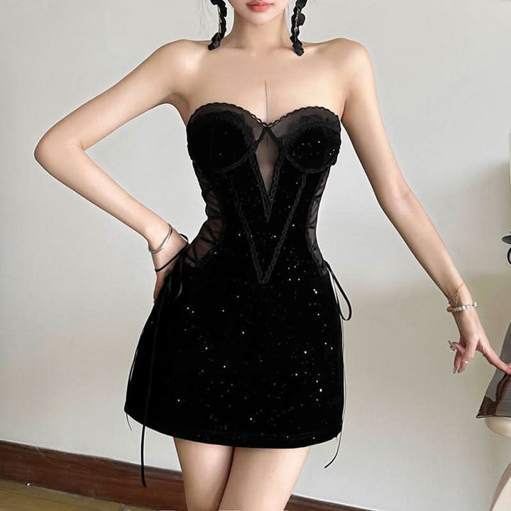 Sweetheart neck velvet lace up mesh beaded mini dress  | Festival Outfits Women