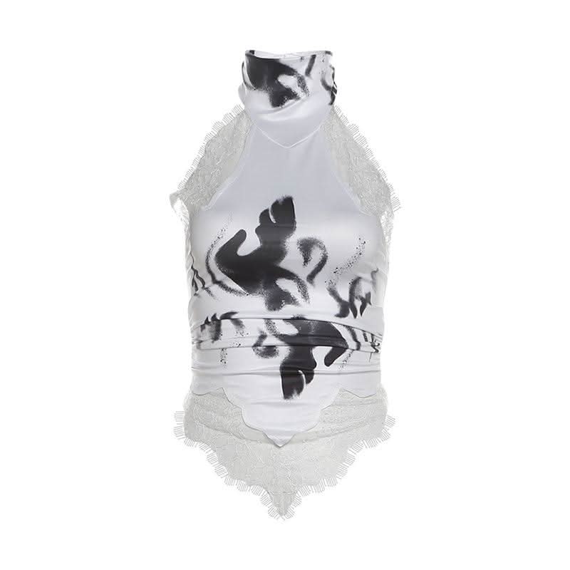 Halter button lace hem print backless top  | Festival Outfits Women-final-sale