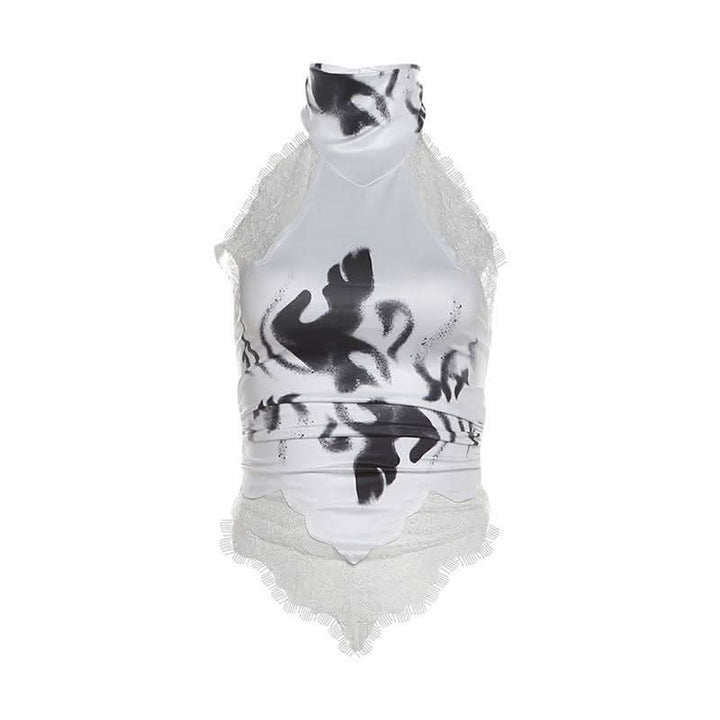 Halter button lace hem print backless top  | Festival Outfits Women-final-sale